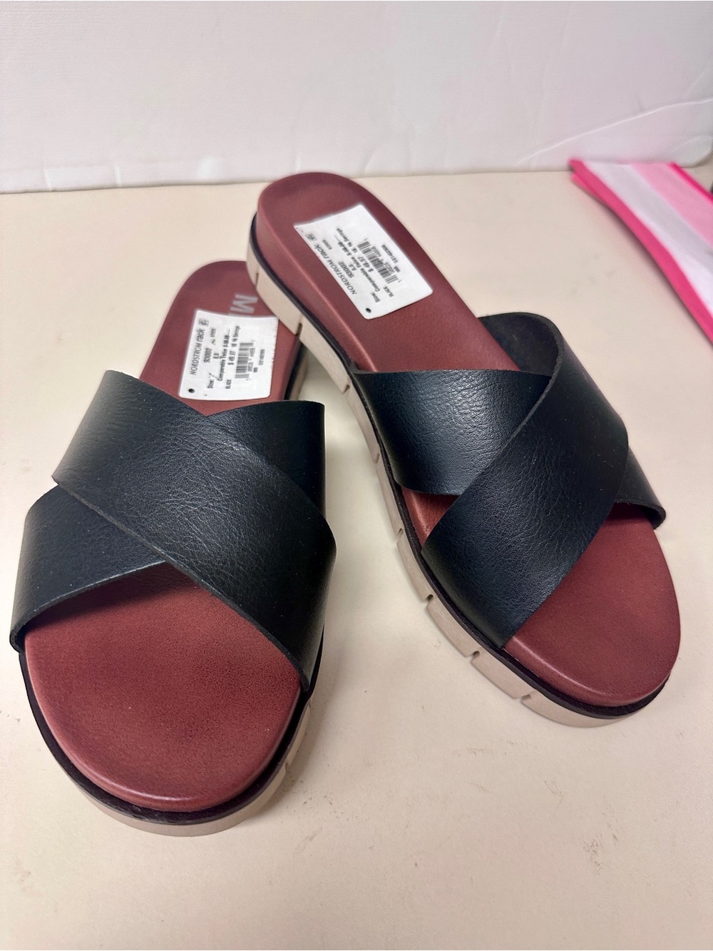 MIA Black Crisscross Slide Sandals with Burgundy Footbed